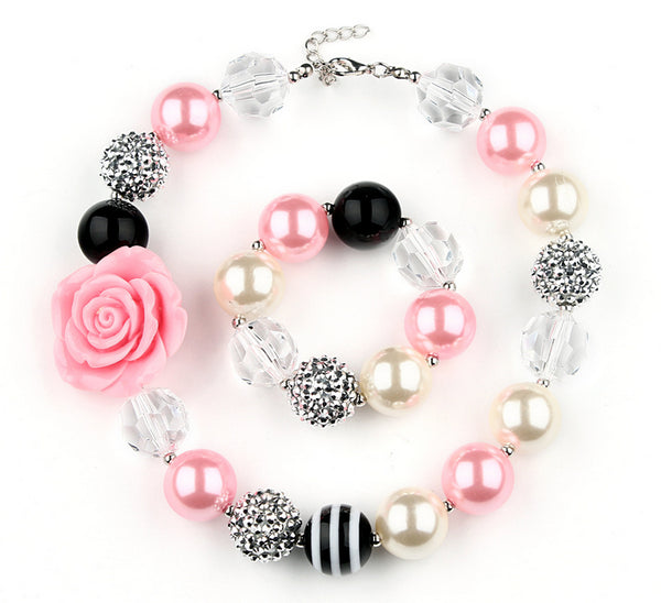 Girls Lovely Pink Flower Necklace and Bracelet